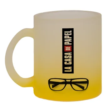 la professor, γυαλιά, Κούπα γυάλινη δίχρωμη με βάση το κίτρινο ματ, 330ml