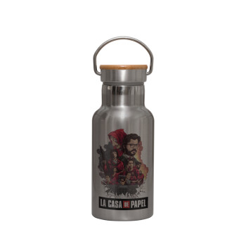 La casa de papel drawing cover, Stainless steel metallic thermos flask, silver with a bamboo lid, double-walled, 350ml.
