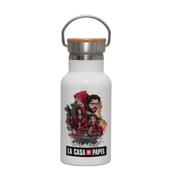 La casa de papel drawing cover, Μεταλλικό παγούρι θερμός (Stainless steel) Λευκό με ξύλινο καπακι (bamboo), διπλού τοιχώματος, 350ml