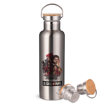 La casa de papel drawing cover, Stainless steel Silver with wooden lid (bamboo), double wall, 750ml