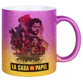 La casa de papel drawing cover, Κούπα Χρυσή/Ροζ Glitter, κεραμική, 330ml