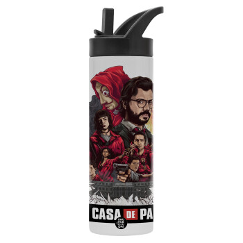 La casa de papel drawing cover, Metallic thermos bottle with straw & handle, stainless steel (Stainless steel 304), double-walled, 600ml.