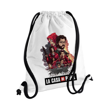 La casa de papel drawing cover, Backpack pouch GYMBAG white, with pocket (40x48cm) & thick cords