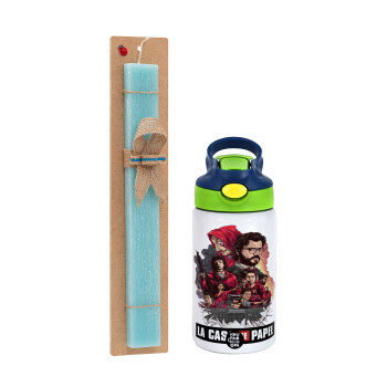 La casa de papel drawing cover, Easter Set, Children's thermal stainless steel bottle with safety straw, green/blue (350ml) & aromatic flat Easter candle (30cm) (TURQUOISE)