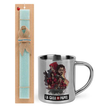 La casa de papel drawing cover, Easter Set, metallic thermal cup (300ml) & aromatic flat Easter candle (30cm) (TURQUOISE)