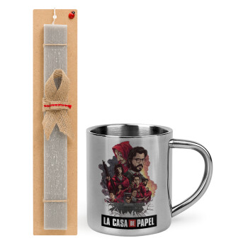 La casa de papel drawing cover, Easter Set, metallic thermal cup (300ml) & Easter aromatic flat candle (30cm) (GRAY)
