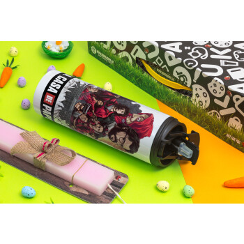 La casa de papel drawing cover, Πασχαλινή Λαμπάδα με Travel Tumbler θερμό με διπλό καπάκι (600ml, BPA free) & κερί αρωματικό πλακέ (30cm) (ΡΟΖ)
