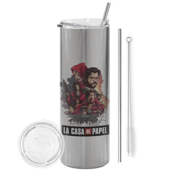 La casa de papel drawing cover, Eco friendly stainless steel Silver tumbler 600ml, with metal straw & cleaning brush