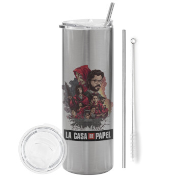 La casa de papel drawing cover, Tumbler ποτήρι θερμό Ασημένιο από ανοξείδωτο ατσάλι 600ml, με μεταλλικό καλαμάκι & βούρτσα καθαρισμού