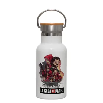 La casa de papel drawing cover, Metallic thermos (Stainless steel) White with wooden lid (bamboo), double-walled, 350ml
