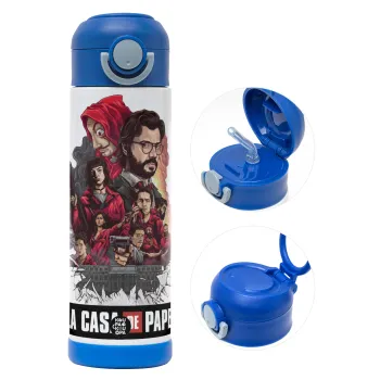 La casa de papel drawing cover, Children's hot water bottle, stainless steel, with safety straw, BLUE (500ml)