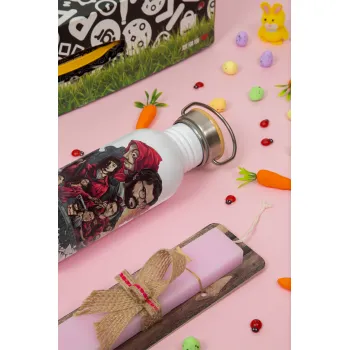 La casa de papel drawing cover, Πασχαλινή Λαμπάδα με παγούρι μεταλλικό (620ml, stainless steel) & κερί αρωματικό πλακέ (30cm) (ΡΟΖ)