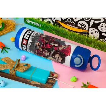 La casa de papel drawing cover, Easter candle, Childrens hot water bottle, stainless steel, with safety straw, BLUE (500ml)