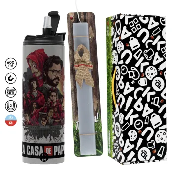 La casa de papel drawing cover, Πασχαλινή Λαμπάδα με Travel Tumbler θερμό (600ml, BPA free) & κερί αρωματικό πλακέ (30cm) (ΓΚΡΙ)