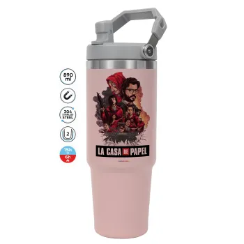La casa de papel drawing cover, ΡΟΖ χρώματος Θερμός Ανοξείδωτο 890ml (30oz) με χερούλι