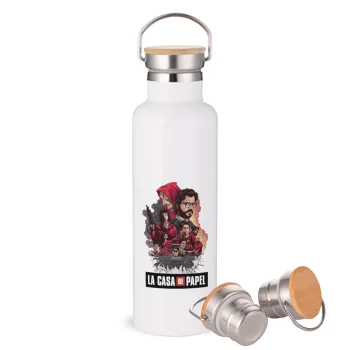 La casa de papel drawing cover, Stainless steel White with wooden lid (bamboo), double wall, 750ml