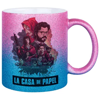 La casa de papel drawing cover, Κούπα Χρυσή/Μπλε Glitter, κεραμική, 330ml