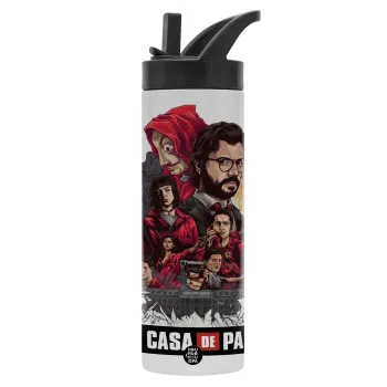 La casa de papel drawing cover, Μεταλλικό παγούρι θερμός με καλαμάκι & χειρολαβή, ανοξείδωτο ατσάλι (Stainless steel 304), διπλού τοιχώματος, 600ml