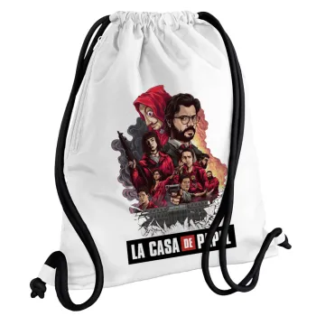 La casa de papel drawing cover, Τσάντα πλάτης πουγκί GYMBAG λευκή, με τσέπη (40x48cm) & χονδρά κορδόνια