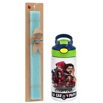 La casa de papel drawing cover, Easter Set, Children's thermal stainless steel bottle with safety straw, green/blue (350ml) & aromatic flat Easter candle (30cm) (TURQUOISE)