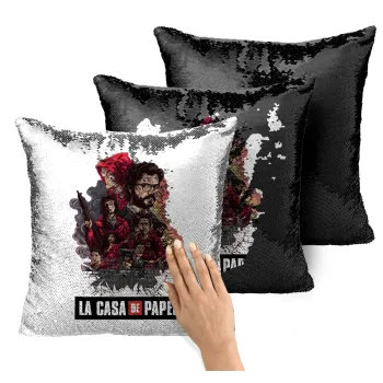 La casa de papel drawing cover, Μαξιλάρι καναπέ Μαγικό Μαύρο με πούλιες 40x40cm περιέχεται το γέμισμα