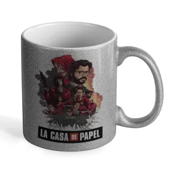 La casa de papel drawing cover, Κούπα Ασημένια Glitter που γυαλίζει, κεραμική, 330ml