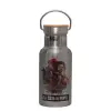 Stainless steel metallic thermos flask, silver with a bamboo lid, double-walled, 350ml.