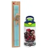 Easter Set, Children's thermal stainless steel bottle with safety straw, green/blue (350ml) & aromatic flat Easter candle (30cm) (TURQUOISE)