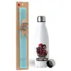 Easter Set, metallic stainless steel water bottle (750ml) & aromatic flat Easter candle (30cm) (TURQUOISE)