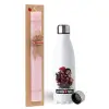 Easter Set, metallic stainless steel water bottle (750ml) & scented flat Easter candle (30cm) (PINK)