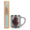 Easter Set, metallic thermal cup (300ml) & aromatic flat Easter candle (30cm) (TURQUOISE)