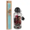 Easter Set, metallic silver aluminum water bottle (500ml) & scented flat Easter candle (30cm) (TURQUOISE)