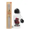 Easter Set, metallic aluminum water bottle (500ml) & aromatic flat Easter candle (30cm) (GRAY)