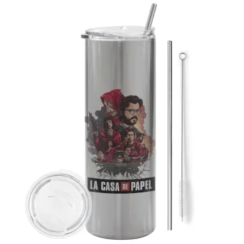 La casa de papel drawing cover, Tumbler ποτήρι θερμό Ασημένιο από ανοξείδωτο ατσάλι 600ml, με μεταλλικό καλαμάκι & βούρτσα καθαρισμού