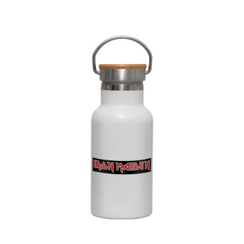 Iron maiden, Metallic thermos (Stainless steel) White with wooden lid (bamboo), double-walled, 350ml