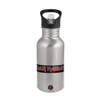 Iron maiden, Water bottle Silver with straw, stainless steel 500ml