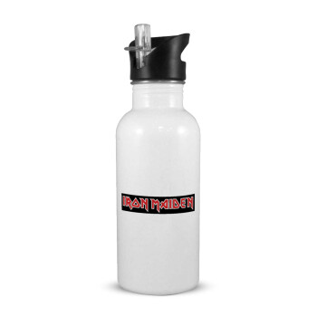 Iron maiden, White water bottle with straw, stainless steel 600ml