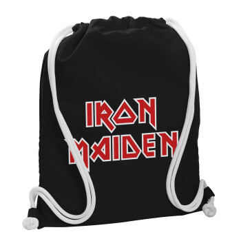 Iron maiden, Τσάντα πλάτης πουγκί GYMBAG Μαύρη, με τσέπη (40x48cm) & χονδρά λευκά κορδόνια