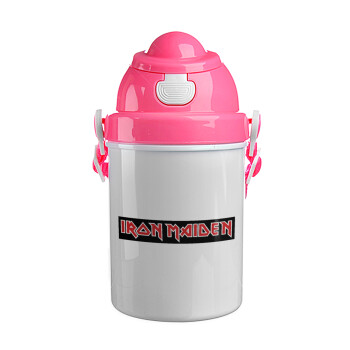 Iron maiden, Ροζ παιδικό παγούρι πλαστικό (BPA-FREE) με καπάκι ασφαλείας, κορδόνι και καλαμάκι, 400ml