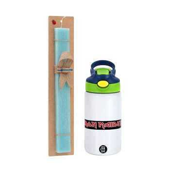 Iron maiden, Easter Set, Children's thermal stainless steel bottle with safety straw, green/blue (350ml) & aromatic flat Easter candle (30cm) (TURQUOISE)