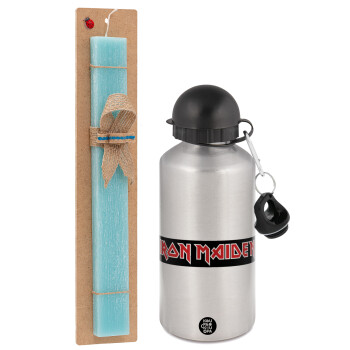 Iron maiden, Easter Set, metallic silver aluminum water bottle (500ml) & scented flat Easter candle (30cm) (TURQUOISE)