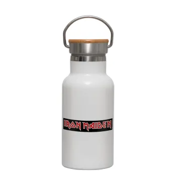 Iron maiden, Metallic thermos (Stainless steel) White with wooden lid (bamboo), double-walled, 350ml
