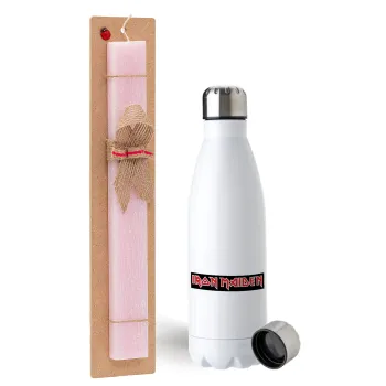 Iron maiden, Easter Set, metallic stainless steel water bottle (750ml) & scented flat Easter candle (30cm) (PINK)