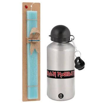 Iron maiden, Easter Set, metallic silver aluminum water bottle (500ml) & scented flat Easter candle (30cm) (TURQUOISE)