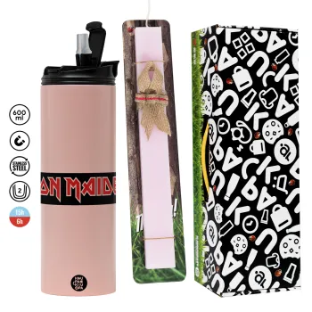 Iron maiden, Easter candle,Travel Tumbler 2 Lids, with metal straw & cleaning brush & aromatic flat candle (30cm) (PINK)