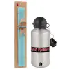 Easter Set, metallic silver aluminum water bottle (500ml) & scented flat Easter candle (30cm) (TURQUOISE)