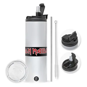 Iron maiden, Travel Tumbler θερμό με διπλό καπάκι, μεταλλικό καλαμάκι και βούρτσα καθαρισμού (Ανωξείδωτο 304 Food grade, BPA free, 600ml)