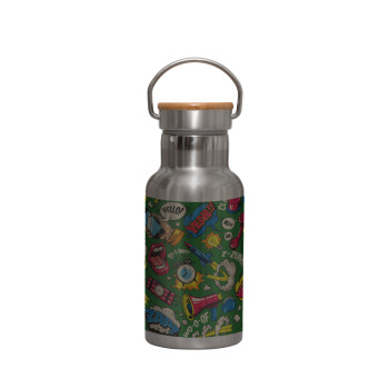 Pop art colorful seamless, Stainless steel metallic thermos flask, silver with a bamboo lid, double-walled, 350ml.