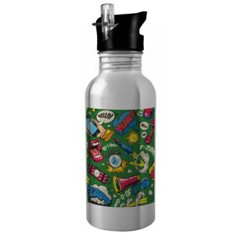 Pop art colorful seamless, Water bottle Silver with straw, stainless steel 600ml