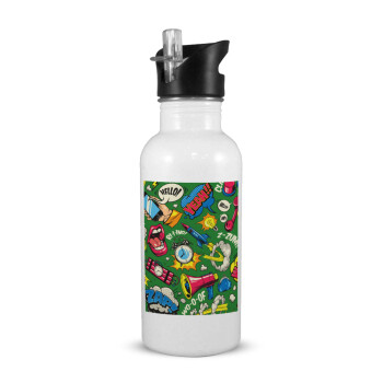 Pop art colorful seamless, Παγούρι νερού Λευκό με καλαμάκι, ανοξείδωτο ατσάλι 600ml